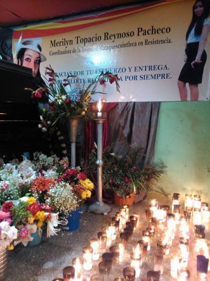 A memorial to Topacio held in Mataquescuintla. Her mother, Irma Pacheco, spoke: "My daughter, you left your mark. I am not crying out of pain, I am crying for justice. We will fight to achieve your dream, so that one day the mining companies leave.”